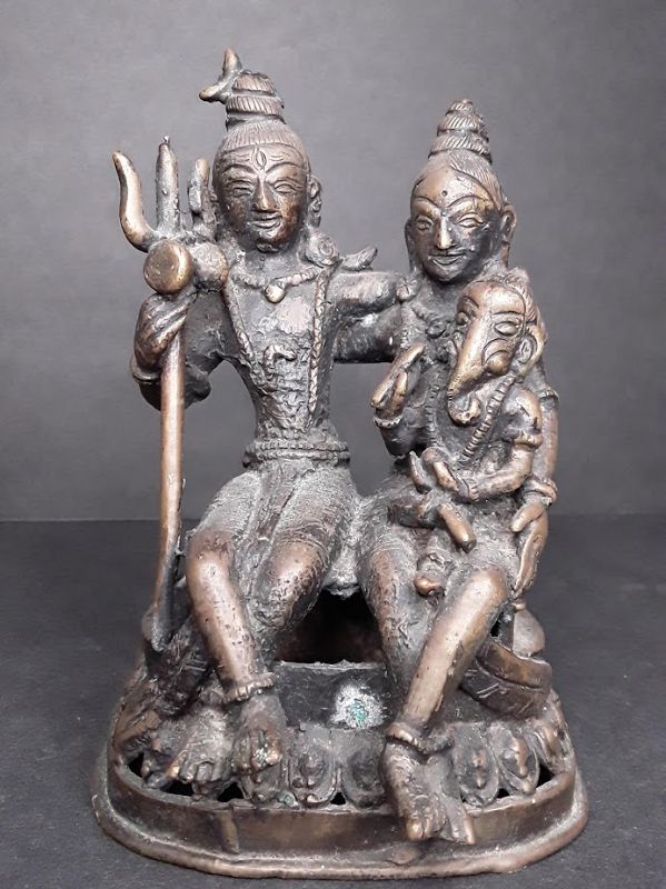 India 19th c Bronze group Shiva Parvati and Ganesha v8