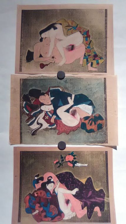 Japanese shunga group with watercolor and gold silver details #3