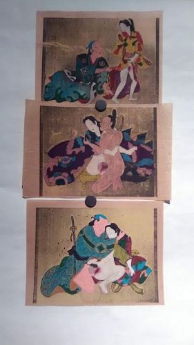 Japanese shunga group with watercolor and gold silver details #4