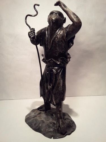 Rare Meiji metal Okimono of a Monkey Samurai or Sage unsigned