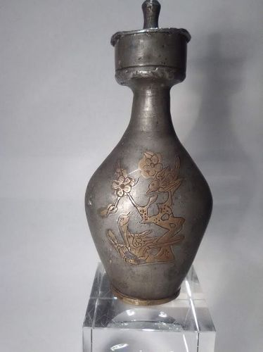 Antique Chinese Tang style pewter and Gilt Flask