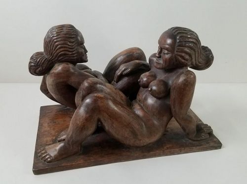 German Expressionist Mahogany sculpture Nude Lesbians Russian Signed