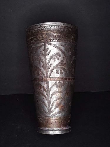 Antique Indian Tinned Bronze tall lassi cup Etched floral