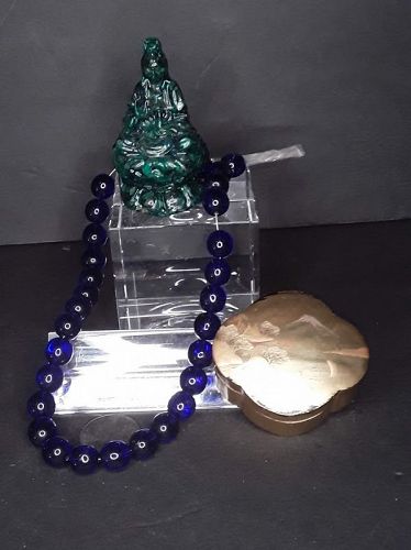 Qing Peking glass Cobalt Blue beads Japanese Lacquer box Resin Guanyin