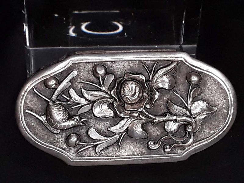 Antique Chinese Silver trinket stash Herb Box with repousse work