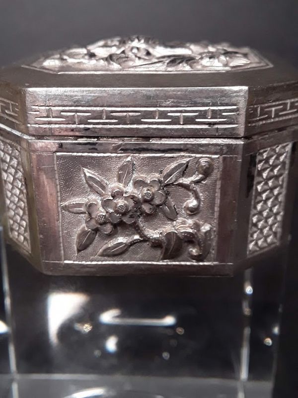 Antique Chinese Silver trinket stash Herb Box with repousse work #2