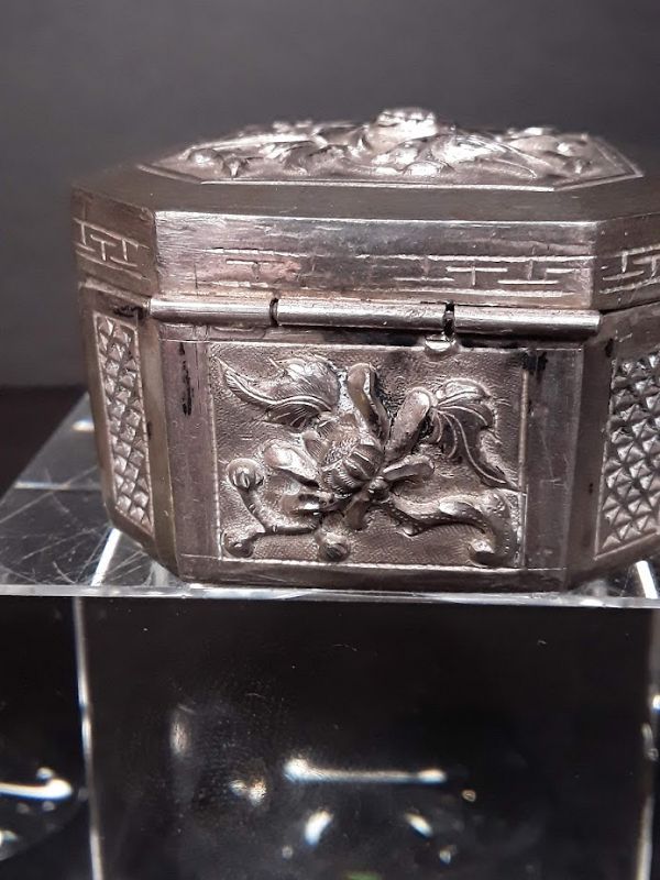 Antique Chinese Silver trinket stash Herb Box with repousse work #2