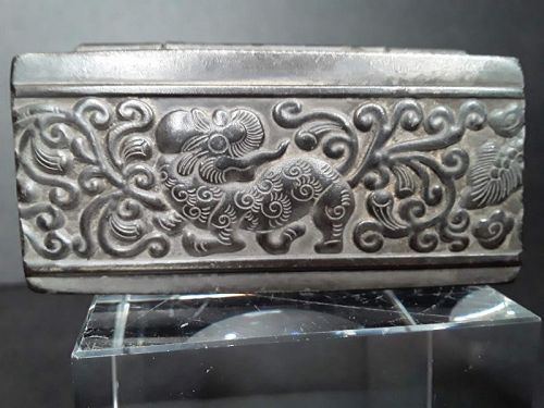 Chinese Bronze? trinket or stash box with Foo dog on lid