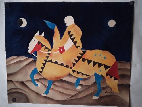 Latin or Mexican original  Gouache Horse and rider signed Arevalo 91