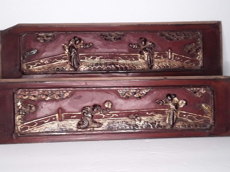 Chinese carved and lacquered architectural panels "Kung Fu" Pair