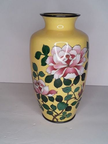 Japanese Ando ? Yellow Ground Pink Rose Vase Silver Rim and foot