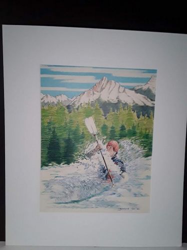 Fine Watercolor Painting Kayaking Possibly for Colorado Sport Ad