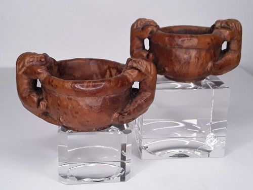 Chinese Archaistic Exotic wood Double handled libation cups