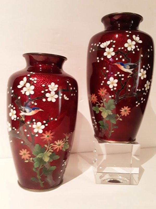 Japanese Ginbari Cloisonne Red Vases with Birds and flowers