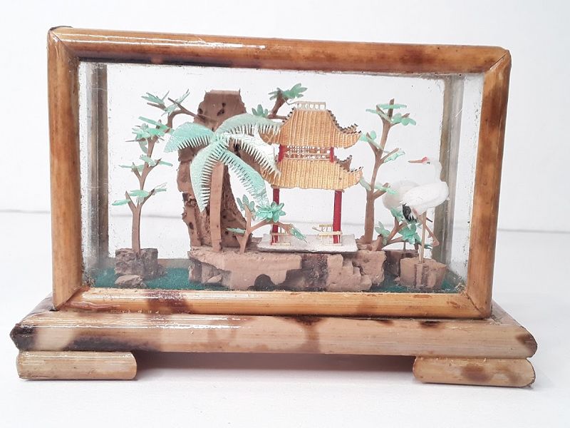 Vintage Small Diorama Box Art Pagoda Trees White Crane Bamboo Trim