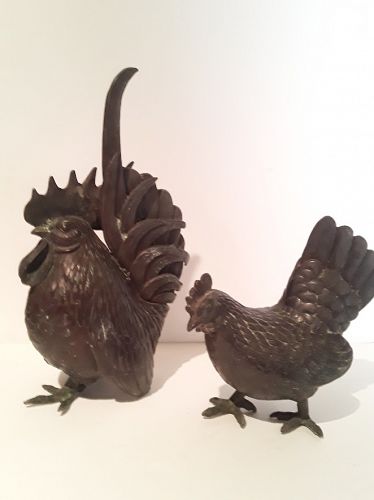 Japanese Bronze Okimono of a Rooster and Hen losses to rooster
