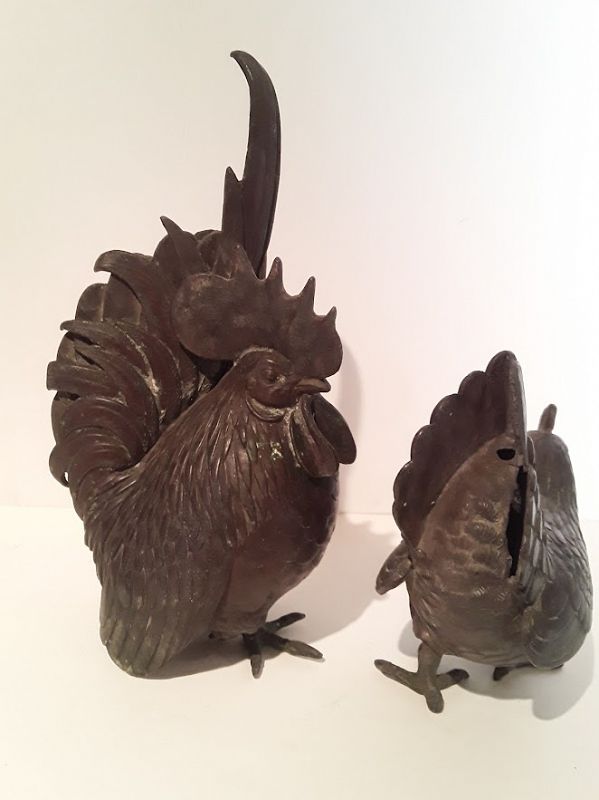 Japanese Bronze Okimono of a Rooster and Hen losses to rooster