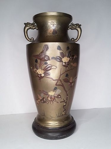 Japanese Meiji  Mixed metal Vase with flowers and Bird