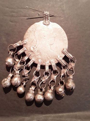 restrike Maria Theresa Thaler Silver Pendant Tribal pendant with bells