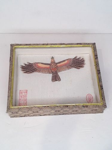 Vintage Chinese Handmade silk and bamboo Hawk in Glass box