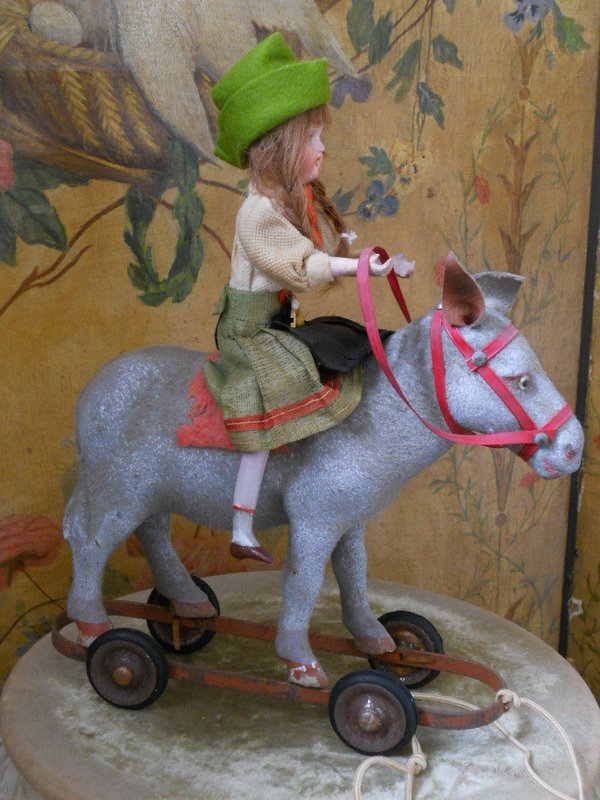 Pretty Paper Mache Pull Toy Girl on Donkey