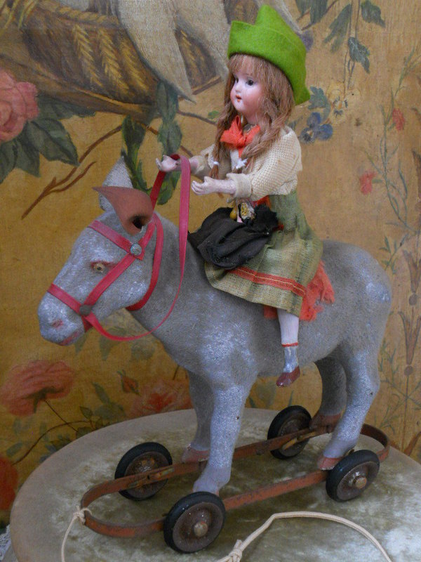 Pretty Paper Mache Pull Toy Girl on Donkey