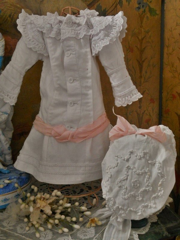 Beautiful French 19th. Century Pique Dress with Bonnet