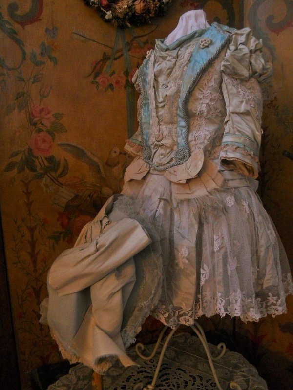 Superb French Bebe Antique Silk Sateen Costume with Bonnet
