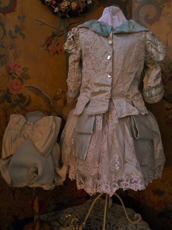 Superb French Bebe Antique Silk Sateen Costume with Bonnet