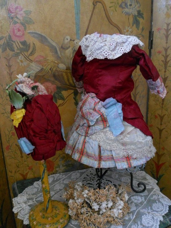 Marvelous French Jumeau Red Silk Costume with Bonnet