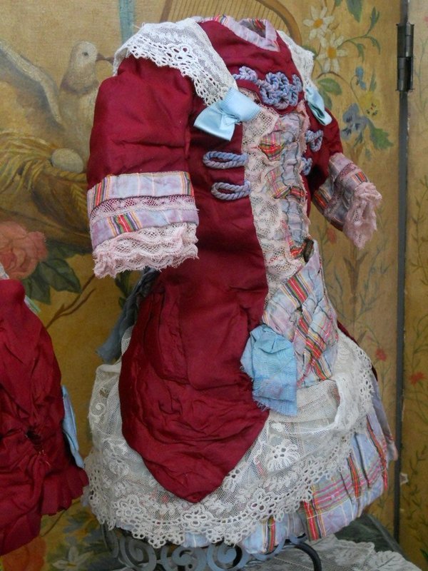 Marvelous French Jumeau Red Silk Costume with Bonnet