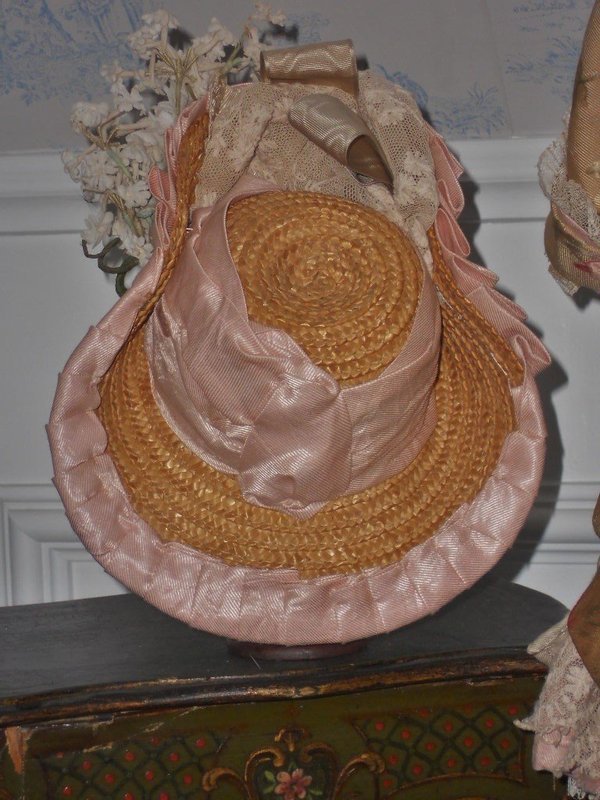 Superb French Bebe Silk Sateen Costume with Straw Hat