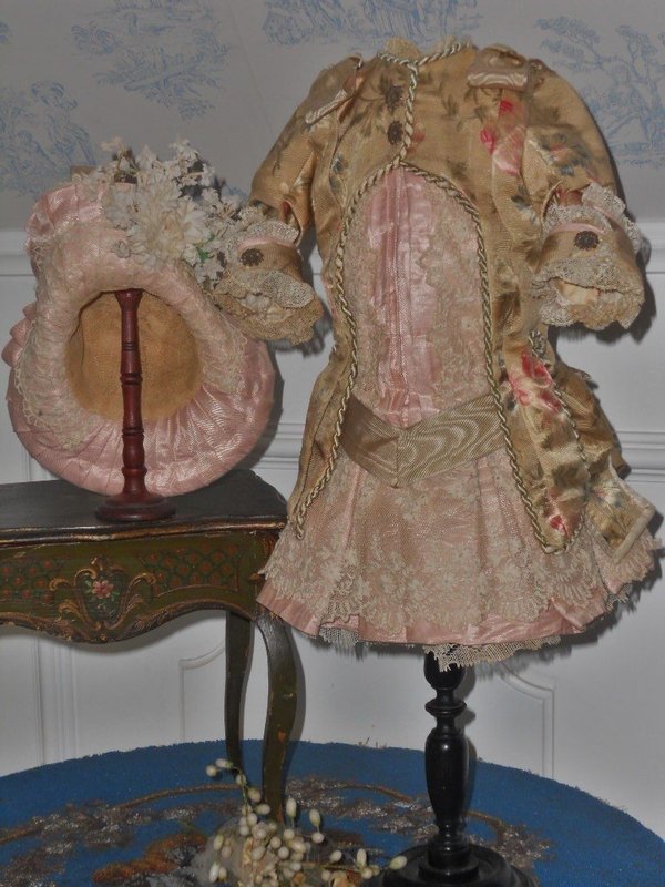 Superb French Bebe Silk Sateen Costume with Straw Hat