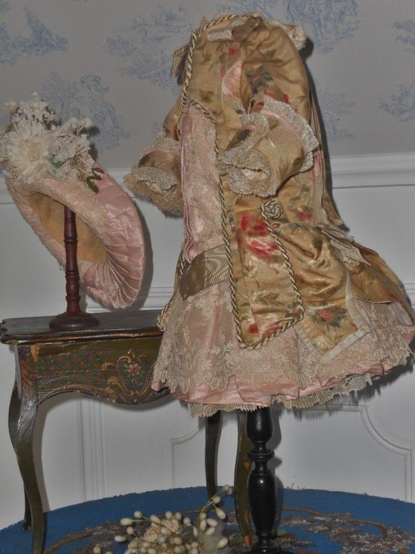 Superb French Bebe Silk Sateen Costume with Straw Hat