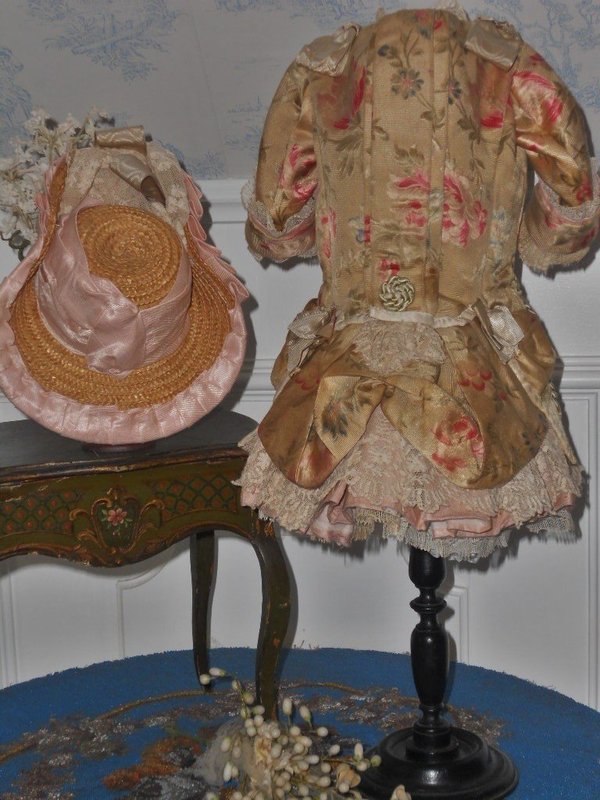 Superb French Bebe Silk Sateen Costume with Straw Hat