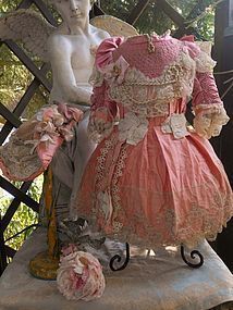 Beautiful French Pink Silk Costume with Antique Straw Hat