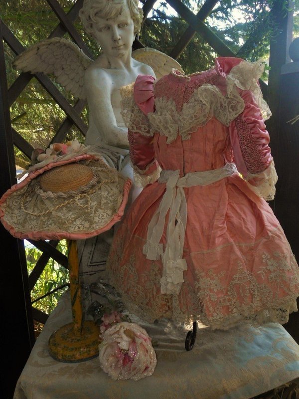 Beautiful French Pink Silk Costume with Antique Straw Hat