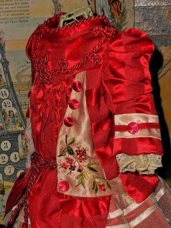 Pretty Jumeau Red Silk Bebe Costume with Bonnet