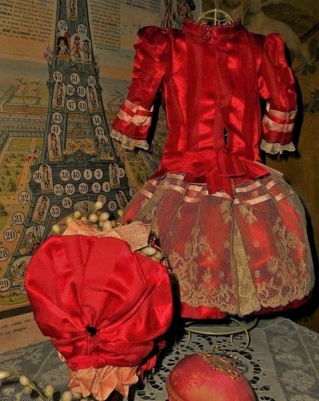 Pretty Jumeau Red Silk Bebe Costume with Bonnet