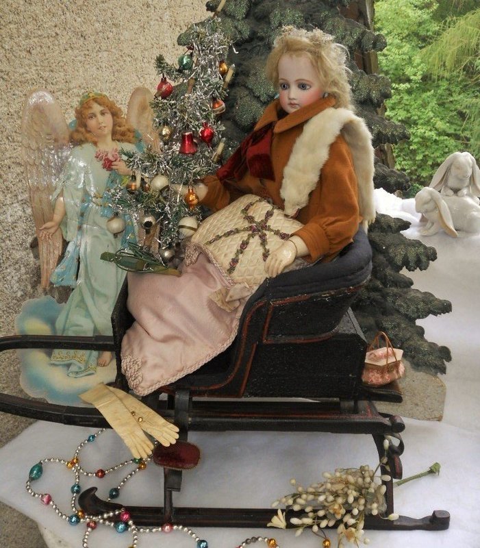 Pretty Antique Wooden Doll Sledge for your Winter-Wonderland