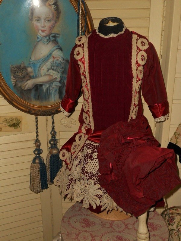 Vintage Burgundy Silk Dress with Bonnet