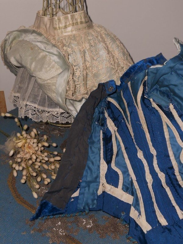 Superb French Blue silk Costume with matching Bonnet