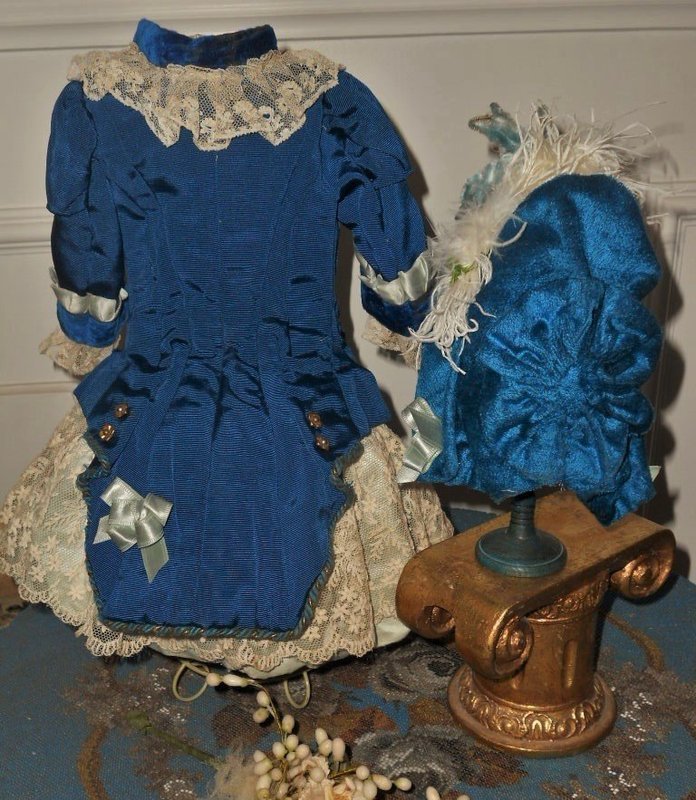 Superb French Blue silk Costume with matching Bonnet