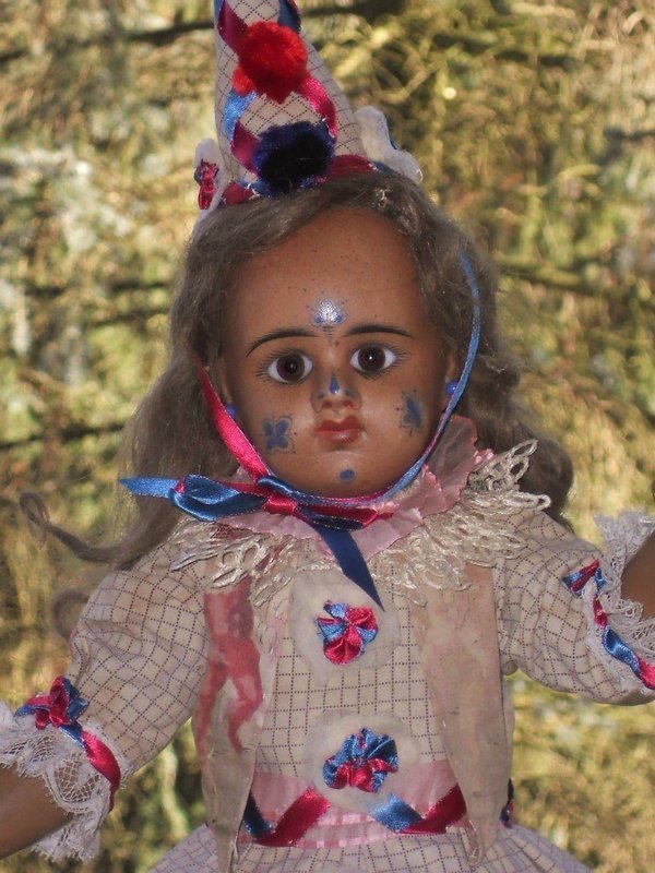 Rare French Bisque Clown Girl in Superb Costume
