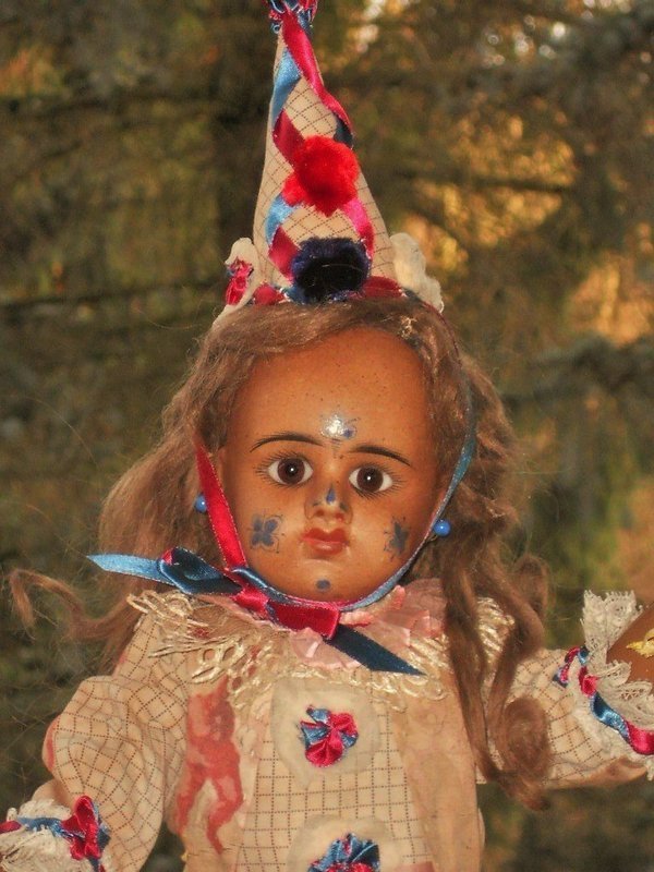Rare French Bisque Clown Girl in Superb Costume