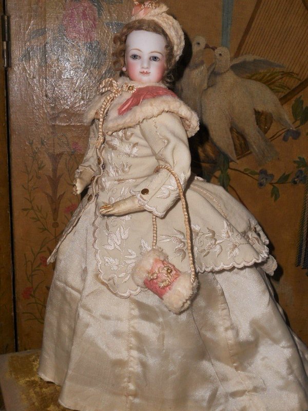Beautiful Early French Bisque Poupee in Gorgeous Winter-Costume