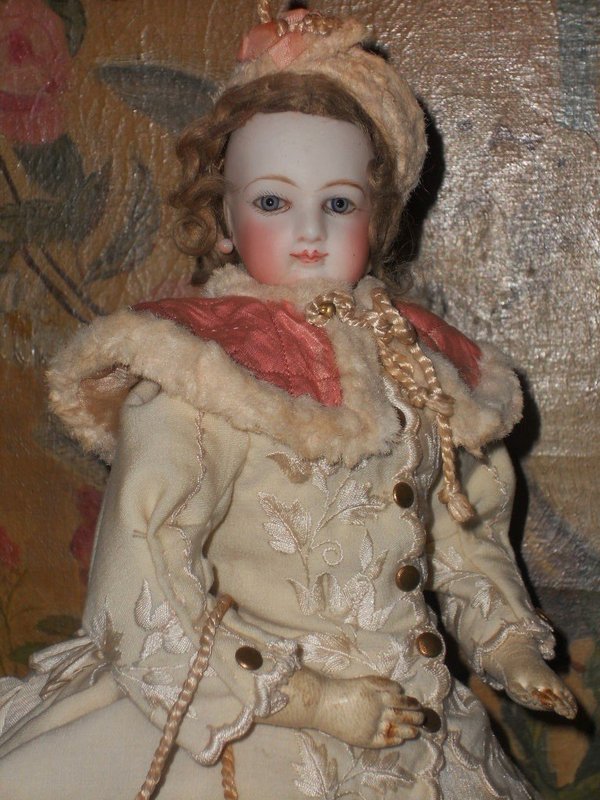 Beautiful Early French Bisque Poupee in Gorgeous Winter-Costume