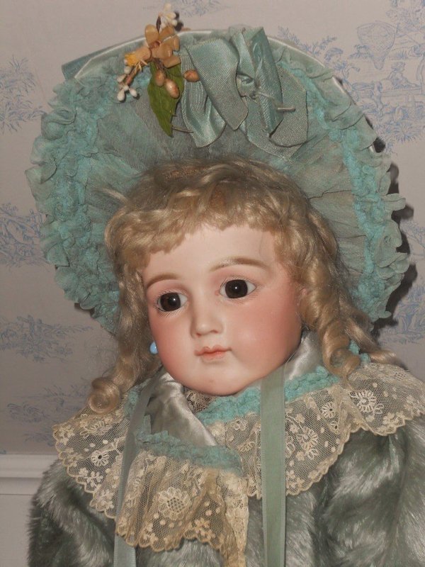Gorgeous French Sea-Green Silk Plush Bebe Coat with Bonnet and Muff