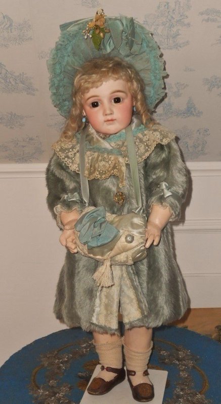 Gorgeous French Sea-Green Silk Plush Bebe Coat with Bonnet and Muff
