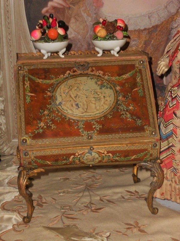 Rare Antique Miniature Romantic Lady Desk with Rich Ornamentation